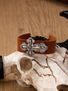 1 pieza Brazalete con concha de cabeza de vaca, cruz y piedra de turquesa azul en estilo occidental para mujeres