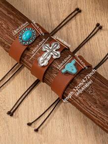 1 pieza Brazalete con concha de cabeza de vaca, cruz y piedra de turquesa azul en estilo occidental para mujeres