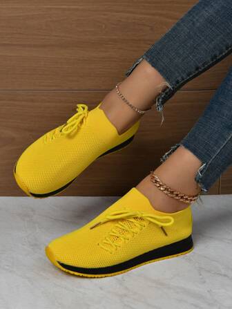 New Style All Seasons Anti-Slip Thick Sole Women Sports Shoes In Large Sizes, With Mesh And Solid Color Design, Crossed Lace-Up Fashion Shoes