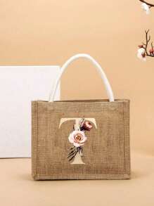 Pendlertasche Handtasche Leinentasche farblicher Kontrast tragbar für Festivals, Schule, Geschenktüte, Einkaufstasche, Handtasche für Frauen, Mode Jutegewebe Einkaufstasche mit modischem Buchstaben- und Blumenmuster aus Leinenmaterial für College-Studenten, Büroarbeiter, Damen, Lehrer, Valentinstag-Geschenk für Paar, beste Geschenke für Lehrer, Dankeschön-Geschenk für Lehrer - Khaki - Übersicht 31