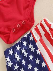 寶寶女孩夏季字母美國國旗印花連體衣＆喇叭褲＆發帶3件套，7月4日服裝 - 紅色 - 查看 7