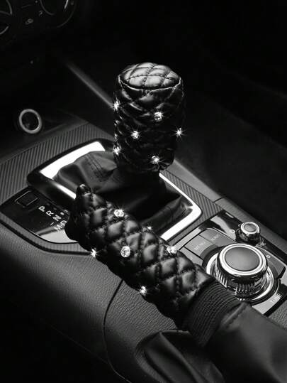 MEIKAXIU 2pcs/Set Artificial Sheepskin Diamond-Studded Bling Bling Car Handbrake Cover And Gear Shift Cover, Suitable For Manual Transmission Cars,Car Accessories
