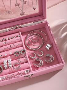 3pcs/53pcs/Set Fashionable Women Jewelry Set With Heart, Butterfly, Star, Moon, Rhinestone, Eight-Character Knot, Wave-Shaped, Tassel Pendant Designs. Including Chains, Bracelet, Necklace, Earrings And Rings. Perfect For Holiday Party, Date And Daily Wear. Valentines - Silver - View 3