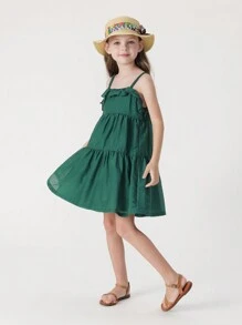 MARC&JANIE Young Girl Fashionable Sweet Pleated Lace Trimmed Sleeveless Dress, Summer - Green - View 2