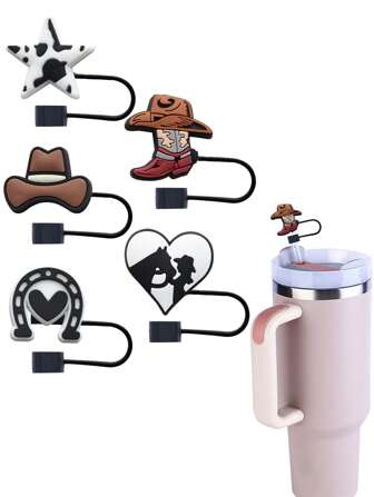 5pcs/Set 10mm Western Style PVC Rubber Dustproof Straw Cap Cover With Cowboy Hat And Boot Design, Suitable For Party Decoration