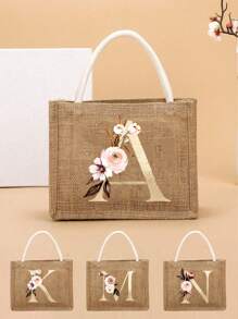 Pendlertasche Handtasche Leinentasche farblicher Kontrast tragbar für Festivals, Schule, Geschenktüte, Einkaufstasche, Handtasche für Frauen, Mode Jutegewebe Einkaufstasche mit modischem Buchstaben- und Blumenmuster aus Leinenmaterial für College-Studenten, Büroarbeiter, Damen, Lehrer, Valentinstag-Geschenk für Paar, beste Geschenke für Lehrer, Dankeschön-Geschenk für Lehrer - Khaki - Übersicht 1