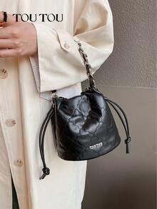 TOUTOU 时髦菱形花纹饼干绗缝水桶包、时尚链条顶部提手手提包、黑色 PU 皮革斜挎包、简约复古磁性单肩包 - 彩色 - 查看 6