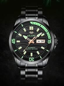 1入時尚大表盤防水黑色不鏽鋼男士自動機械錶，夜光，適合日常佩戴和送禮