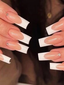 全新24入組修長棺材形狀3D鑽石點綴粉白色法式邊緣光澤美甲，附1件果凍膠和1件指甲文件，即貼美甲，彩釉產品 - 彩色 - 查看 1