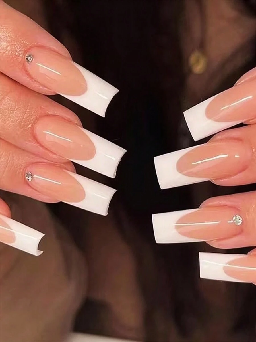 全新24入組修長棺材形狀3D鑽石點綴粉白色法式邊緣光澤美甲，附1件果凍膠和1件指甲文件，即貼美甲，彩釉產品 - 彩色 - 查看 1