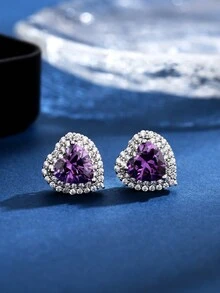 1入精品豪華全鑲鑽多彩心形立體方鑽耳針，適合女性日常、通勤、派對、節慶佩戴，情人節禮物 - 愛心耳環 - 查看 13