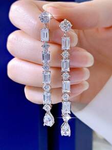 LXOEN 1 Pair Luxury Geometric Water Drop Shiny AAA Cubic Zirconia Dangle Earrings For Women Delicate Long Tassel Bridal Wedding Statement Earring