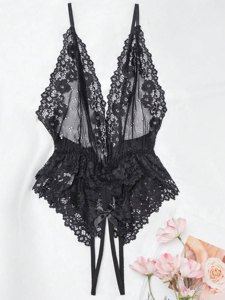 性感碎花连体裤，女士户外性感内衣 - 黑色 - 查看 5