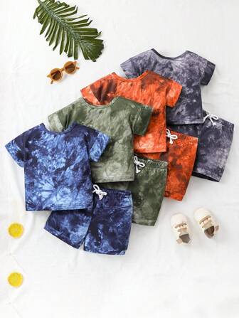 8入組嬰兒男孩舒適時尚的渲染圓領T卹和休閒短褲套裝