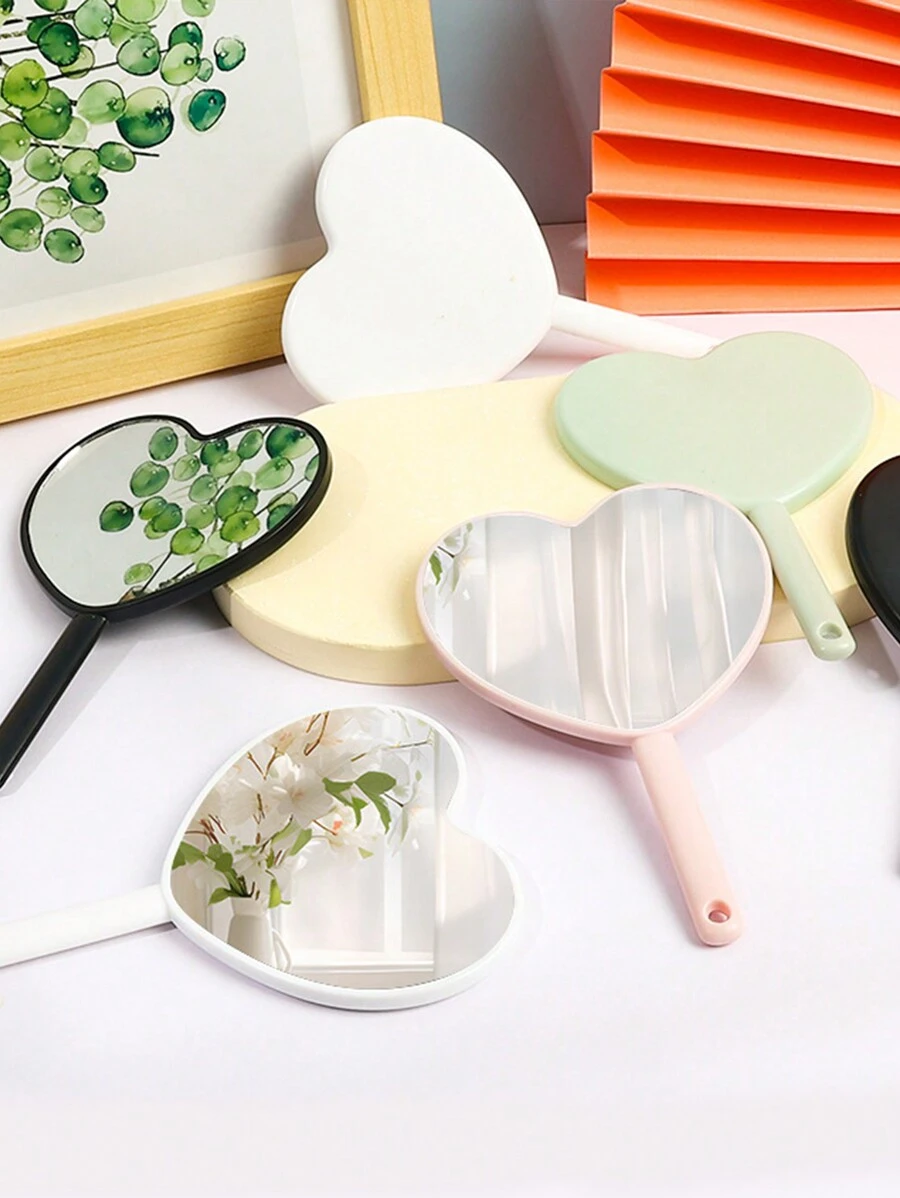 1pc Heart Shaped Portable Plastic Handheld Mirror, High Definition Handle Mirror Makeup Mirror, Cute Glass Mirror For Women - Multicolor - View 1
