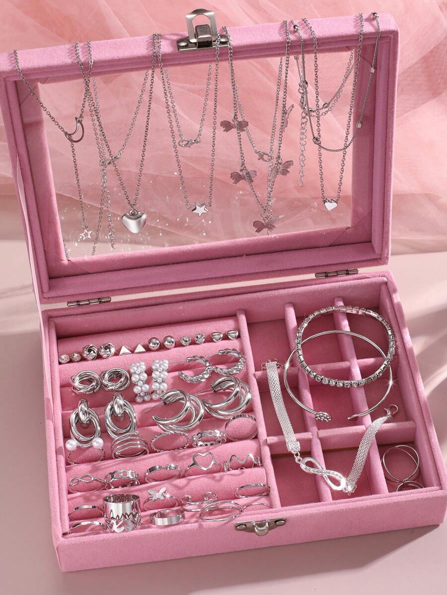 3pcs/53pcs/Set Fashionable Women Jewelry Set With Heart, Butterfly, Star, Moon, Rhinestone, Eight-Character Knot, Wave-Shaped, Tassel Pendant Designs. Including Chains, Bracelet, Necklace, Earrings And Rings. Perfect For Holiday Party, Date And Daily Wear. Valentines - Silver - View 1