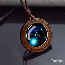 12 Constellation Necklace Starry Sky Zodiac Round Glass Wood Pendant Necklace Birthday Gift Couples Jewelry - style - View 16