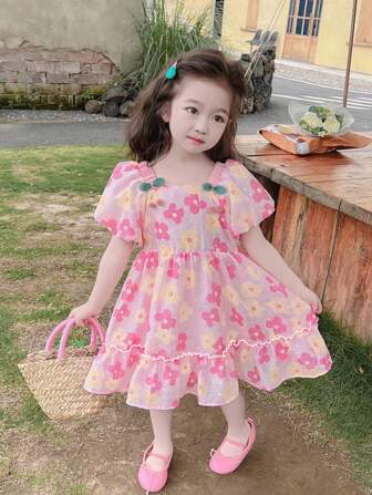 女童夏装泡泡袖短袖公主裙可爱花卉图案新款儿童服装