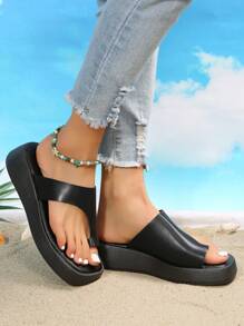 女士夏季時尚高跟楔形鞋底涼鞋，休閒/度假防水沙灘拖鞋，黑色日常戶外穿著