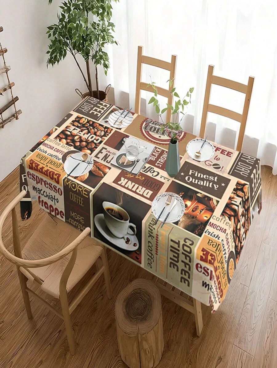 1 pieza Mantel rectangular de poliéster con temática de café, cubierta decorativa retro para mesas de café, cubierta de mesa impermeable y resistente al aceite, mantel de estilo simple para picnic, fiesta o decoración del hogar - Multicolor - Ver 1