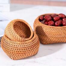 1pc Handmade Woven Rattan Storage Basket, Circular Opening With Square Bottom, Miniature Snack Storage Basket, 10/13/15.5cm - Yellow - View 6