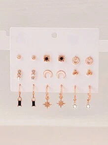 9 pares Brincos de Argola e Brincos de Strass de Prata/Ouro/Ouro Rosa/Preto Elegante, Fofo, Simples e Casual da Moda Europeia e Americana, Adequado para Uso Diário, Férias, Presente, Joia para Mulheres