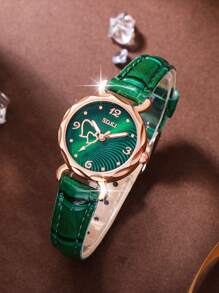 1 Set Ladies Watch Ladies Fashionable Casual Quartz Watch With Peach Shaped Dial And Heart Necklace Earrings Bracelet Rings Jewelry Set Perfect For Everyday Wear, Birthday Gifts, Parties, Holiday Gatherings, And As The Ideal Gift For Yourself Or Friends Boxes Not Included