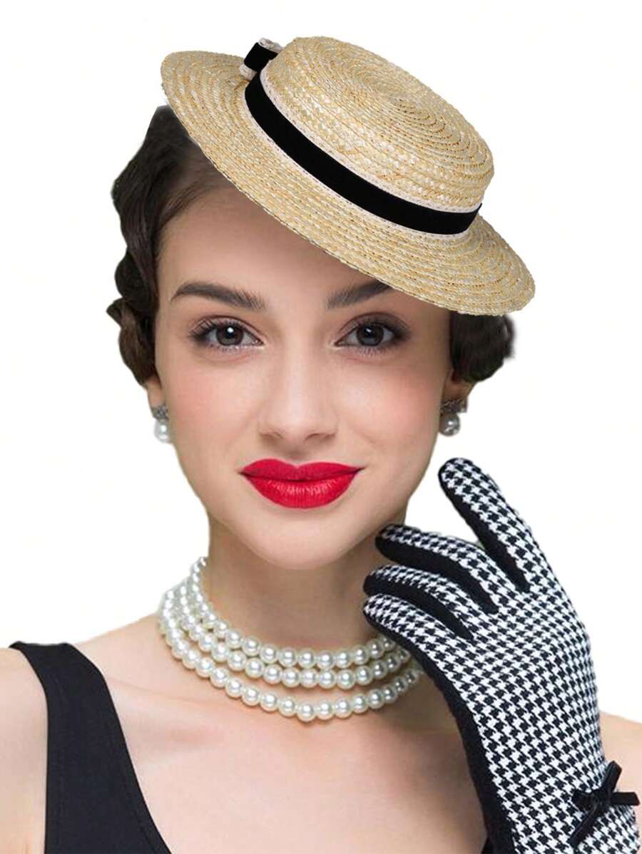 HIMESPORT FS 2025 Flat Top Straw Hat With Velvet And Crochet Ribbon Bow Fascinator Hats For Women Lady Short Brim Cocktail Tea Party Dress Cap Hat