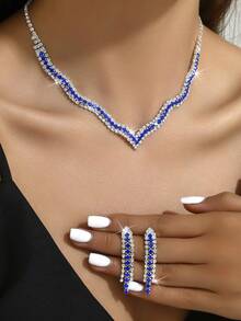 時尚珠寶套裝，彩色鑲鑽項鍊和耳環組合，西式新娘婚禮裝飾配件 - 銀色 - 查看 4