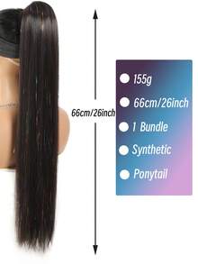 合成亮粉假馬尾直髮假髮片，自然馬尾假髮 - Black-brown - 查看 2