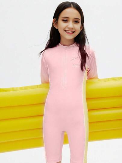 Annil Tween Girl Elastic Sun Protection Conservative One Piece Long Sleeved Swimwear And Swimming Cap 2 Pieces Set Pink