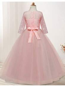 Vestidos infantiles de princesa con estampado hueco de encaje - Rosa - Ver 7