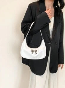 新款时尚金属蝴蝶结装饰手拿包，休闲PU新月形纯色单肩包，女士百搭包款，春夏必备，时尚新月包，情人节送礼佳品，最佳情人节礼物之选 - 白色 - 查看 3