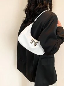 新款时尚金属蝴蝶结装饰手拿包，休闲PU新月形纯色单肩包，女士百搭包款，春夏必备，时尚新月包，情人节送礼佳品，最佳情人节礼物之选 - 白色 - 查看 4