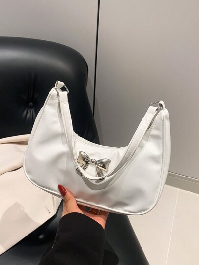 Nuevo bolso de mano con decoración de lazo de metal, bolso de hombro casual de unicolor en media luna de PU para mujer, perfecto para primavera y verano, bolso de luna creciente elegante para mujer, regalo perfecto del Día de San Valentín para ella, la mejor opción de regalo de San Valentín