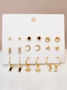 9 pares Brincos de Argola e Brincos de Strass de Prata/Ouro/Ouro Rosa/Preto Elegante, Fofo, Simples e Casual da Moda Europeia e Americana, Adequado para Uso Diário, Férias, Presente, Joia para Mulheres