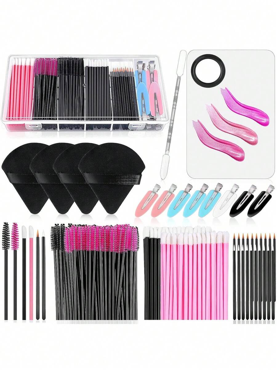 一次性化妆刷套装，含三角粉扑混合调色盘、一次性睫毛膏刷、唇刷、发夹、散粉流苏（带收纳盒）、化妆刷套装、化妆刷套装、化妆刷套装、完整化妆套装、化妆刷套装、完整化妆套装、化妆刷套装、化妆刷套装、化妆礼品套装 - 彩色 - 查看 1