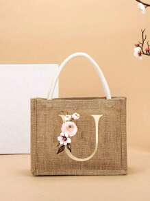 Pendlertasche Handtasche Leinentasche farblicher Kontrast tragbar für Festivals, Schule, Geschenktüte, Einkaufstasche, Handtasche für Frauen, Mode Jutegewebe Einkaufstasche mit modischem Buchstaben- und Blumenmuster aus Leinenmaterial für College-Studenten, Büroarbeiter, Damen, Lehrer, Valentinstag-Geschenk für Paar, beste Geschenke für Lehrer, Dankeschön-Geschenk für Lehrer - Khaki - Übersicht 24