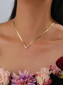 1pc Fashionable Personalized V-Shaped 18K Gold Plated Stainless Steel Necklace, Suitable For Women Party Gift Or Daily Wear - Yellow Gold - View 10