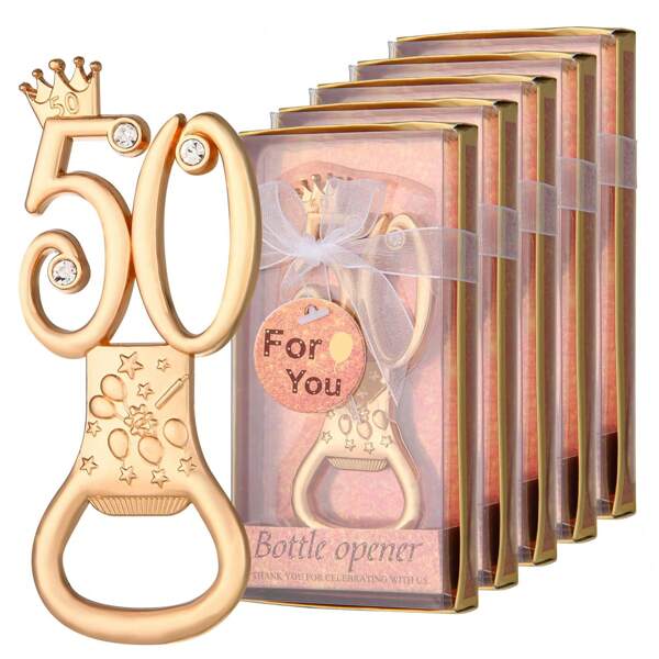 Abrebotellas dorado "50", perfecto para obsequios de fiesta de 50 cumpleaños, decoraciones de fiesta de 50 aniversario de boda, reuniones familiares, regalos para maestros, regalos para hermanas, regalos para amigos, regalos para padres, regalos para madres, regalos divertidos