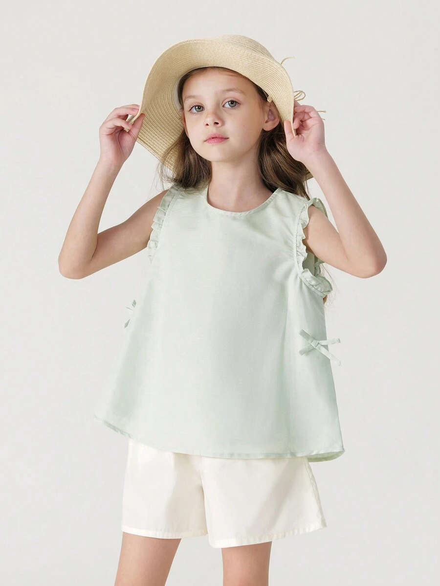 MARC&JANIE Young Girl Sweet And Lovely Bowknot And Lace Trimmed Short Sleeve Shirt, Summer - Green - View 1