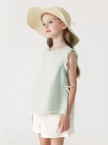 MARC&JANIE Young Girl Sweet And Lovely Bowknot And Lace Trimmed Short Sleeve Shirt, Summer - Green - View 2