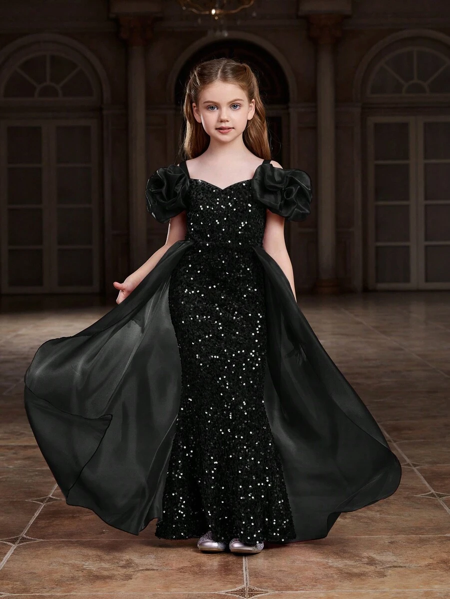 闪亮泡泡袖美人鱼尾连衣裙，网纱拼接亮片点缀 - 优雅女孩正式礼服，适合晚宴、选美比赛、节日庆典等场合 - 黑色 - 查看 1