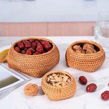 1pc Handmade Woven Rattan Storage Basket, Circular Opening With Square Bottom, Miniature Snack Storage Basket, 10/13/15.5cm - Yellow - View 11