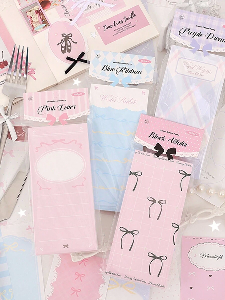 隨機100頁韓式甜美女孩心形蝴蝶結花邊方格設計便條紙，可撕下 - 彩色 - 查看 1