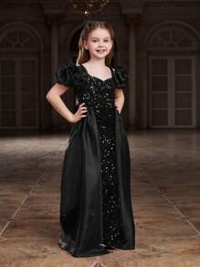 闪亮泡泡袖美人鱼尾连衣裙，网纱拼接亮片点缀 - 优雅女孩正式礼服，适合晚宴、选美比赛、节日庆典等场合 - 黑色 - 查看 5