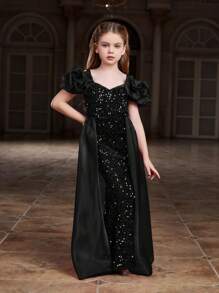 闪亮泡泡袖美人鱼尾连衣裙，网纱拼接亮片点缀 - 优雅女孩正式礼服，适合晚宴、选美比赛、节日庆典等场合 - 黑色 - 查看 3