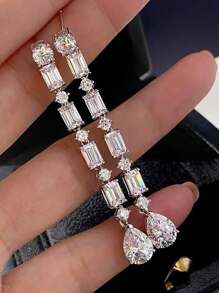 LXOEN 1 Pair Luxury Geometric Water Drop Shiny AAA Cubic Zirconia Dangle Earrings For Women Delicate Long Tassel Bridal Wedding Statement Earring