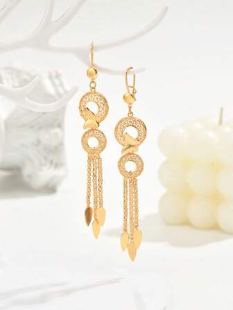 1pair New Fashion Classic Hollow Out Double Loop Tassel Gold-Plated Copper Earrings Suitable For Women's Daily Wear, Holiday And Gifts For Couples, Mothers And Best Friends Valentines,Mom,Mother,Mother's Day,Gift
