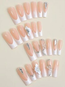 24pcs Shiny Rectangular Press-On Nail Stickers, 3D Alloy Butterfly, Flower & Rhinestone Decor, French Full Coverage Fake Nails, Suitable For Women And Girls Daily Wear Nail Supplies - Multicolor - View 3